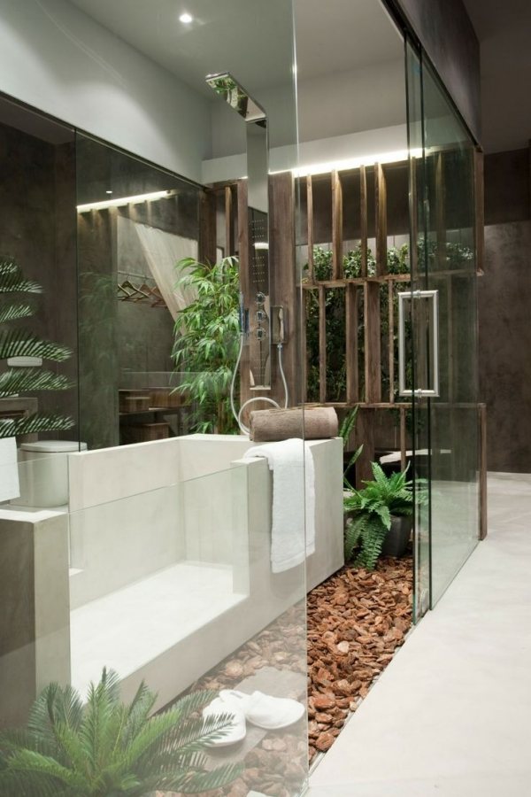 Växter lämpliga för badrum - keramikbadkar med ormbunkar med glasdörr - dusch i rostfritt stål