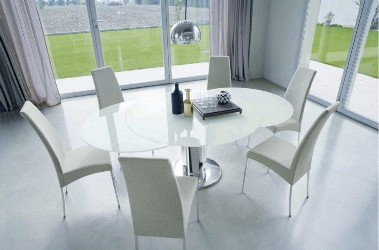 runda-matbord-moderna-utdragbart-glas-topp-vit-pelare bord