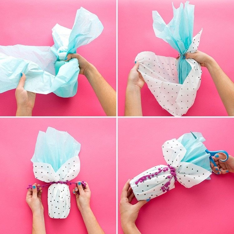 Rund-present-förpackning-flaska-present-inslagning-papper-mini-pompon-band
