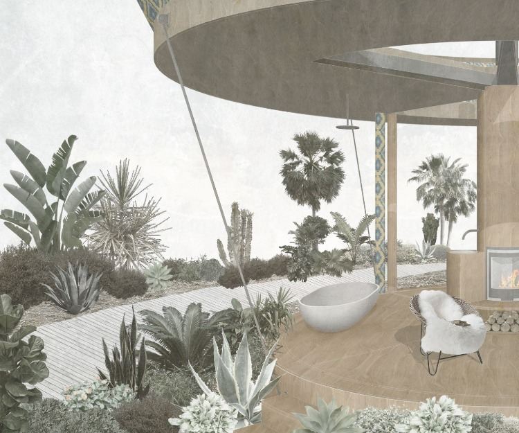 möjlig design av det yttre rummet med växtfåtöljer spis och badkar