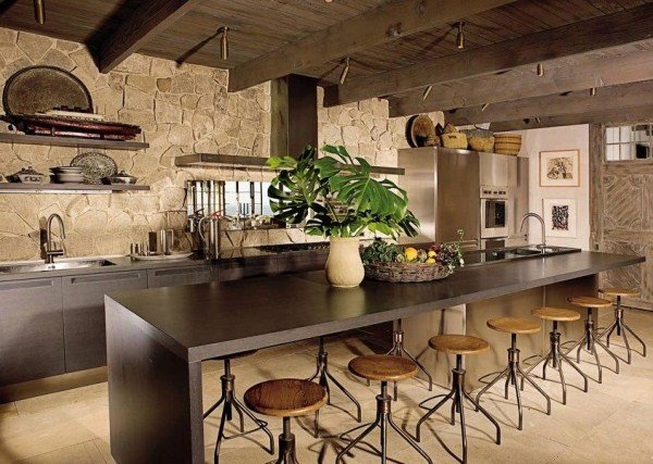 Rustik väggdesign kök möbler idéer metall stolar bardisk trä
