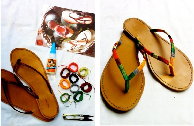 Sandaler-krydda-flip-flops-tråd-färgglada-dekorera-DIY-gör-det-själv-hippie
