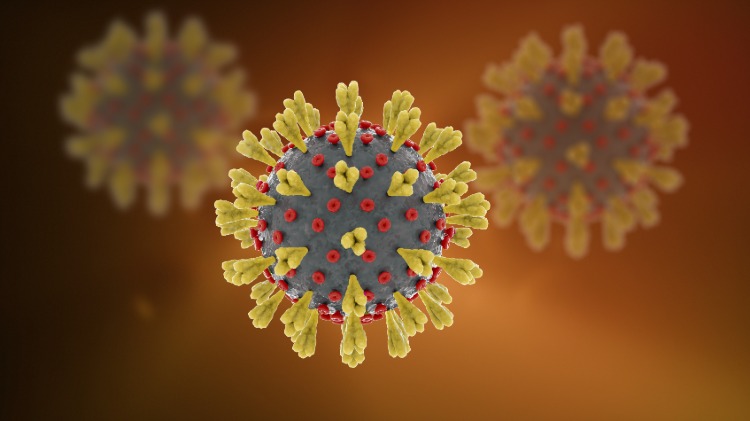 covid 19 -coronavirus med gula taggar och röda prickar på kärnan