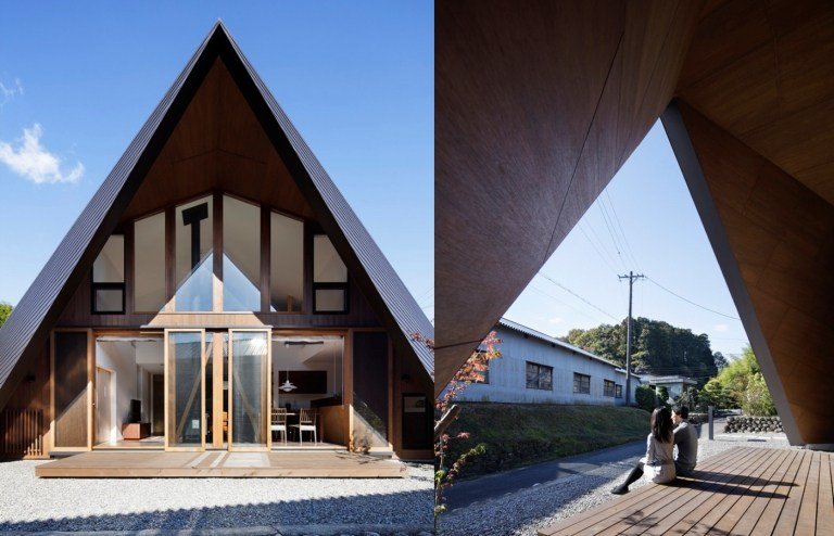 En modern tolkning av sadeltaket är ett japanskt enfamiljshus med skjutdörrar och en träterrass i trädgården