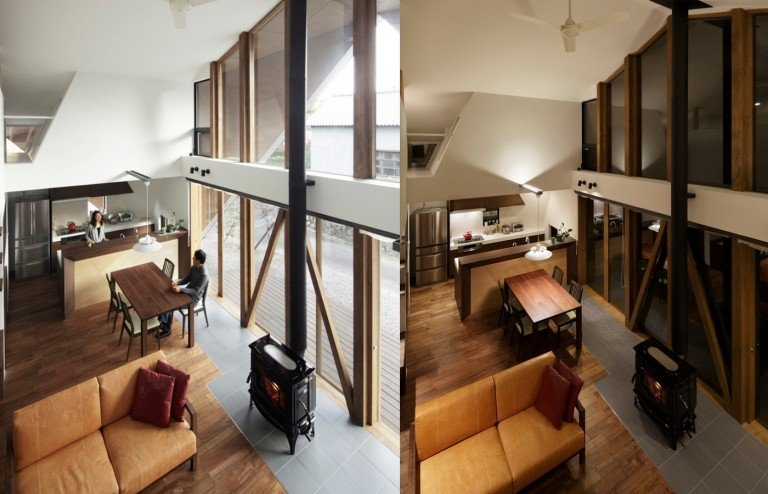 Vardagsrum med glasfronter under dagen och på kvällen smart belysning för rum med högt i tak