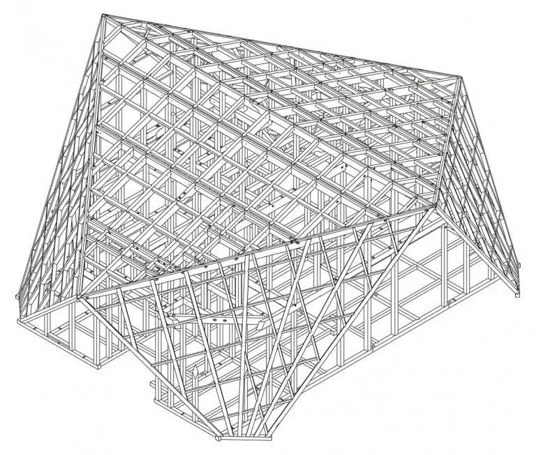 Konstruktionsplanen för gaveltakhuset visar ett element i 3D