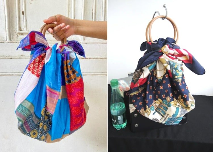 Idé med scarfcykling - knyt halsduken till ringar för en enkel och elegant handväska