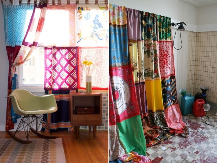 Patchwork gardiner i ljusa färger gjorda av silkes halsdukar