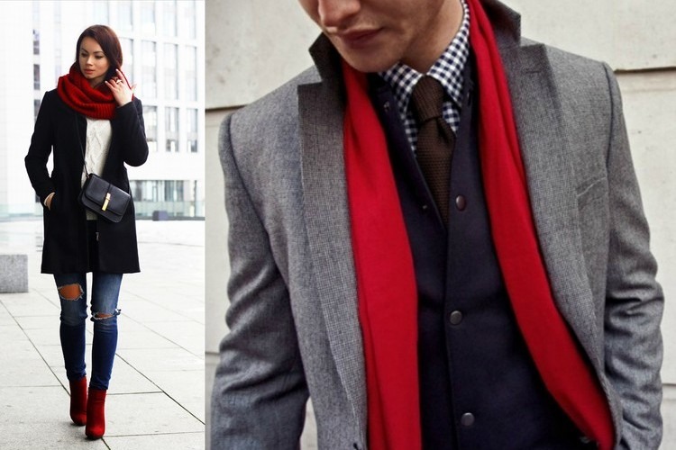 Halsdukar och rockar man-kvinna-fashionabla-röd-loop-halsduk