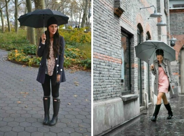 chic-black-rubber-boots-pink-dress-black-coat-big-buttons