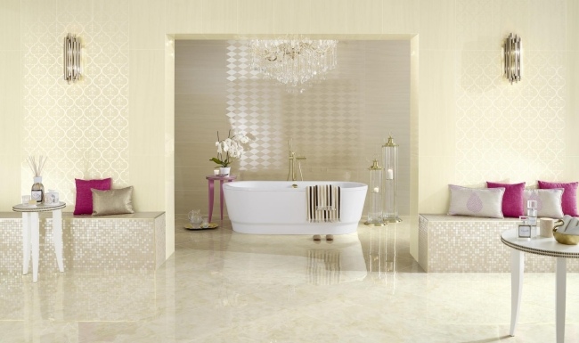 beige nyanser badrumsväggdesign av love brickor
