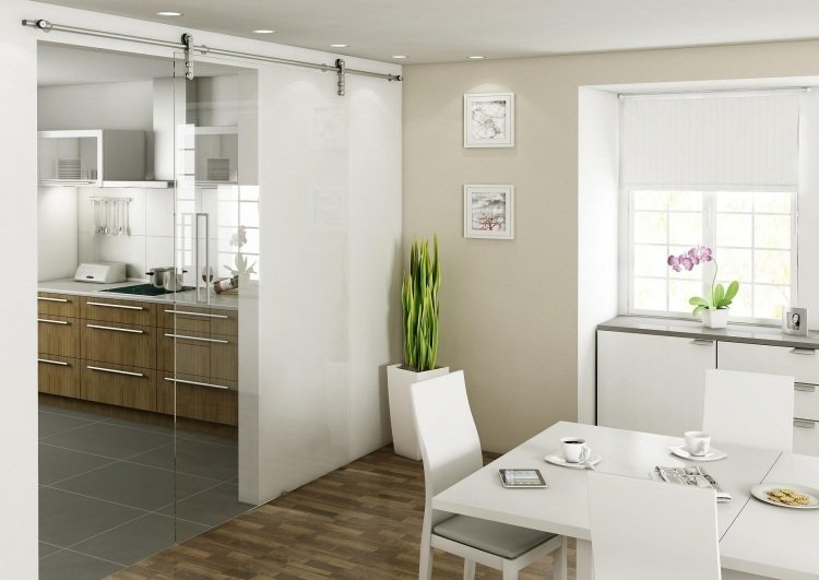Skjutdörr mellan kök och vardagsrum -glas-modern-skena-transparent-parkettgolv