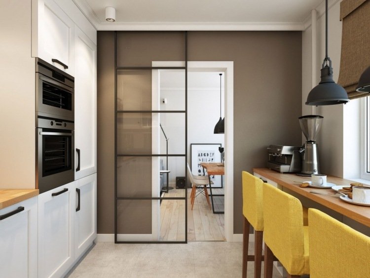 Skjutdörr mellan kök och vardagsrum - glas - modern - liten lägenhet - pall - gul klädsel