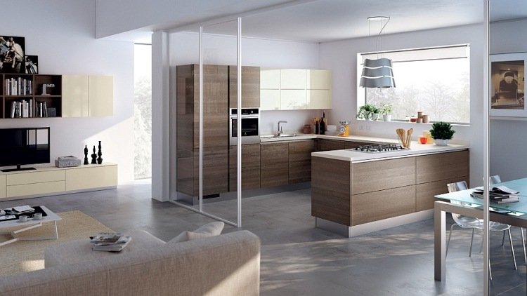 Skjutdörr mellan köket och vardagsrummet -glas-modern-grå-ljus-transparent-trä-look