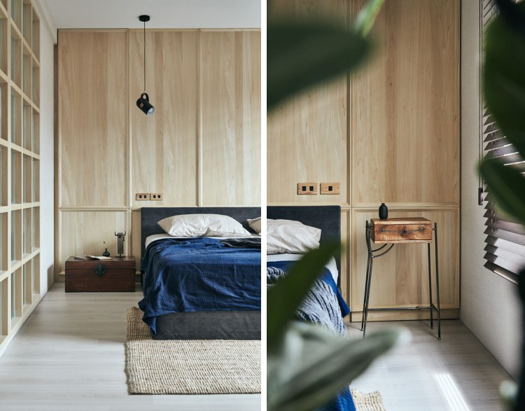 Sovrum garderob förvaringsutrymme idéer trä vägg badrum