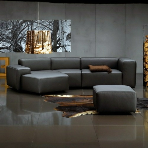 Vardagsrumsplan inrättad svart soffa modern inredning