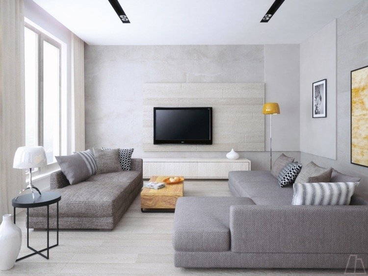 Bäddsoffa i grå-vardagsrum-ljus-grädde-vit-modern-ljus-luftig-design