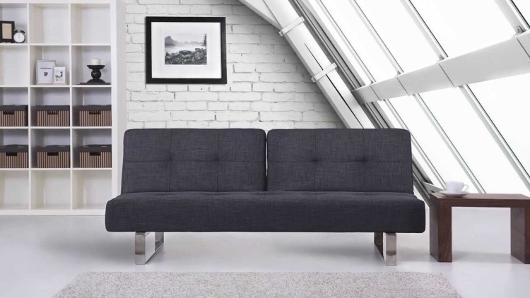 Bäddsoffa i gråbäddsfunktionsvikande funktionsram-metall-modern-tegelväggsfönstervägg