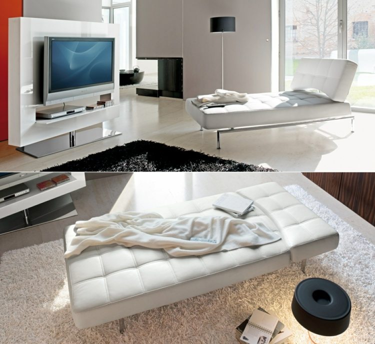 Bäddsoffor litet vardagsrum läder vit minimalistisk