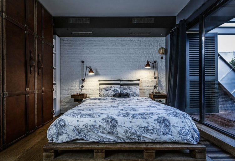 industriell stil trä sovrum loft pall säng