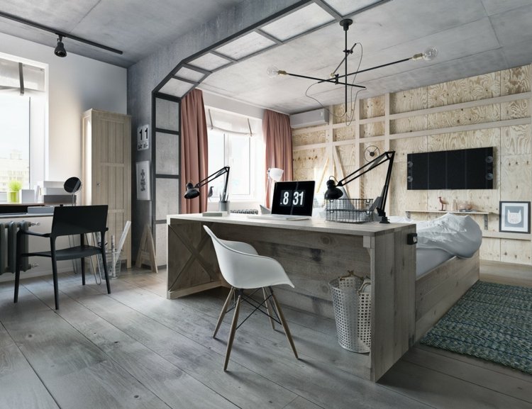 grå trä sovrum design idé säng skrivbord