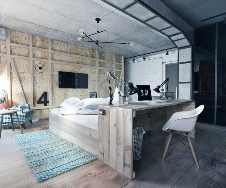 skrivbord design kontor grå trä sovrum säng