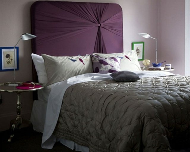 sänggavel modernt tyg säng violett sovrum deco