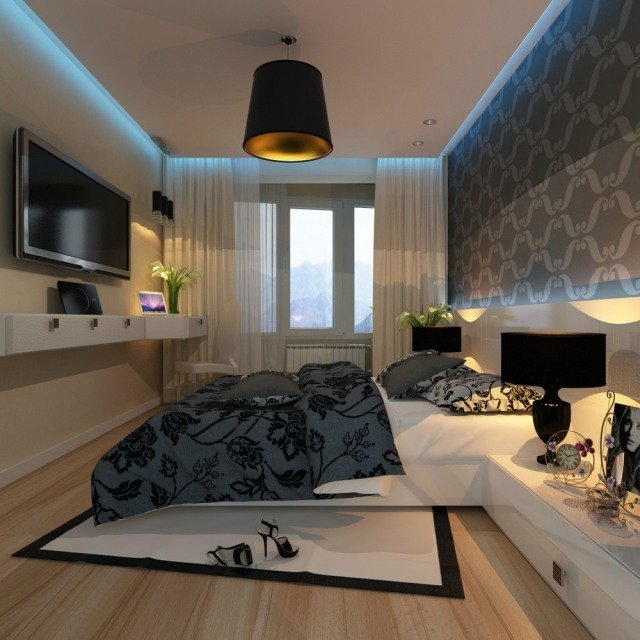 modernt-sovrum-vägg-dekorera-tapeter-litet-rum-vit-grå-led-takbelysning