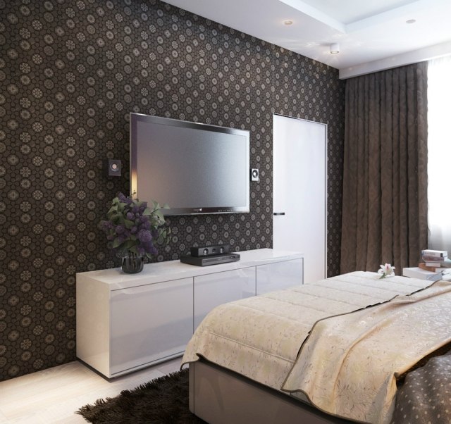 modern-sovrum-vägg-dekorera-tapeter-blommönster-brun-vit-skänk-platt-tv