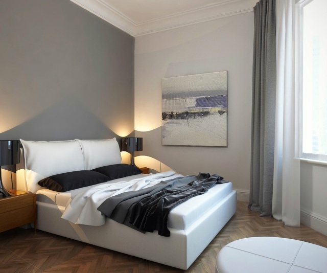 sovrum-dekorera-modern-vägg-färg-grå-vit-stoppad säng