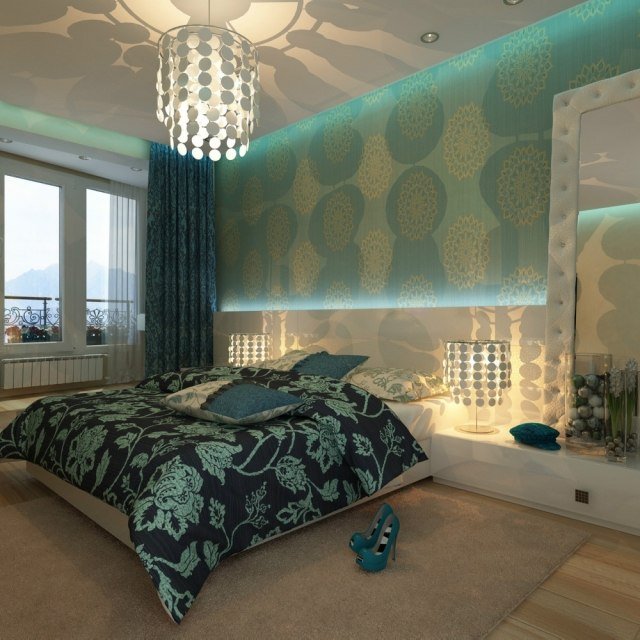 Sovrum dekorera vägg-tapeter-blommigt-mönster-turkos-grädde-indirekt-belysning