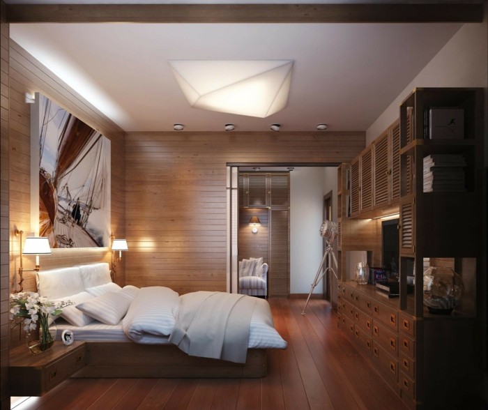 sovrum design liten parkett säng infälld vägg modern lampa