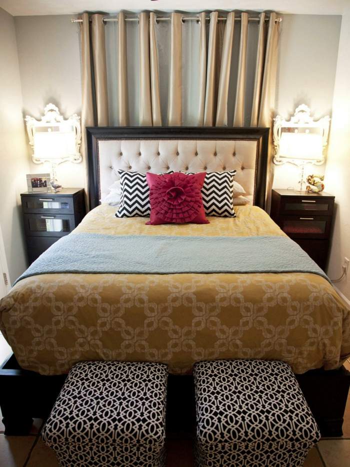 idé sovrum design moderna damer överkast gul sängbord