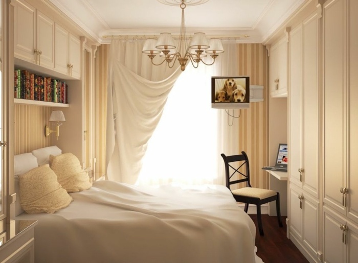 romantik sovrum design vita små gardiner garderob grädde