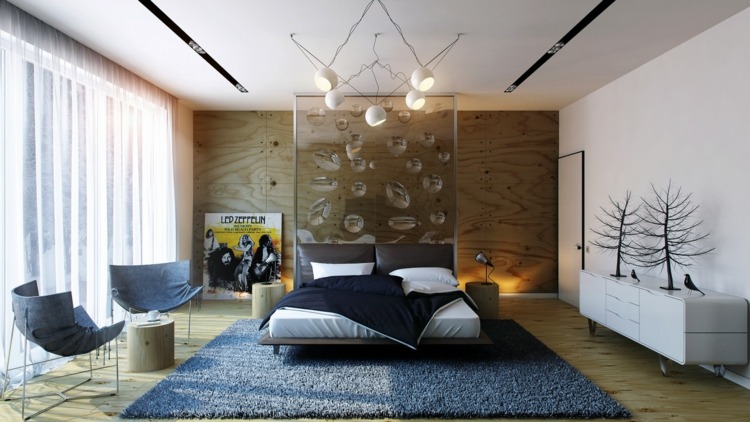 Sovrum modern säng sänggavel shaggy mattan blå