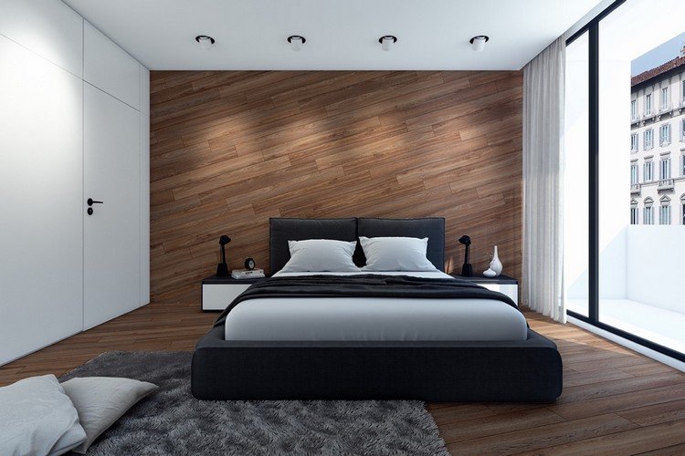 sovrum-design-trä-trä-vägg-mönster-vita-väggar-minimalistisk