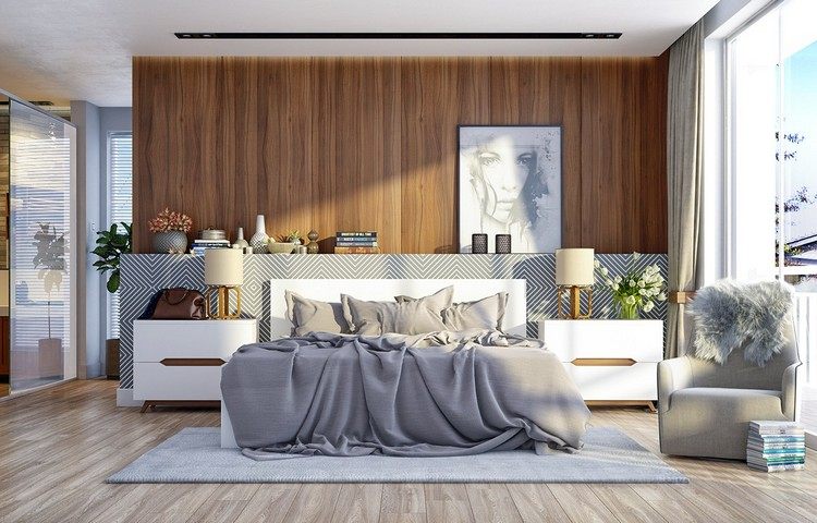 sovrum-design-trä-vägg-design-modern-grå-kombinera