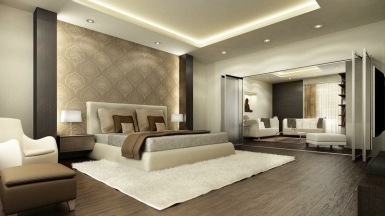 sovrum färg design tapet beige mönster vit matta parkett belysning