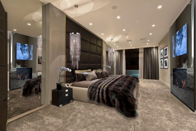 Taupe-färg-mattor-quiltade-vägggjorda-läder-LED-TV