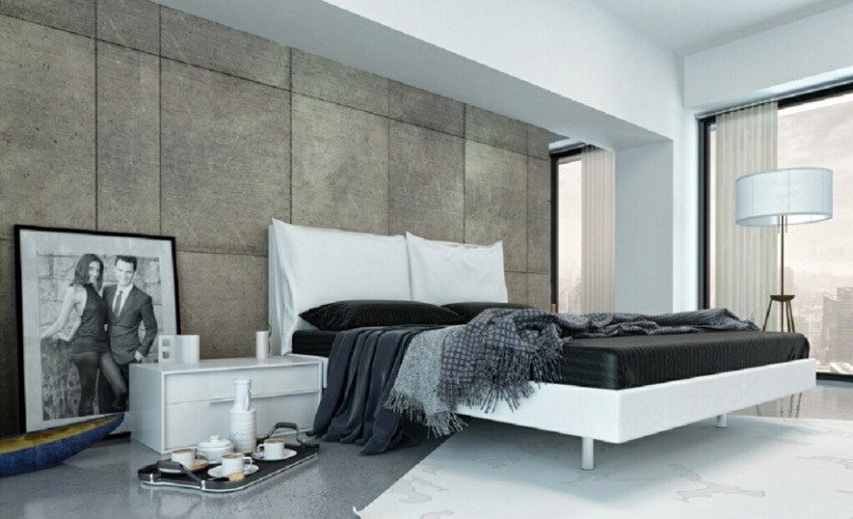 sovrum färg design betong opik accent vägg vit minimalistisk