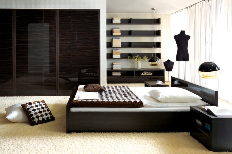 sovrum-design-idéer-möbler-mörka-färger-högglansigt trä