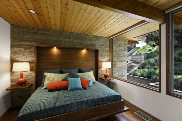 sovrum design rustikt trägolv tak natursten vägg