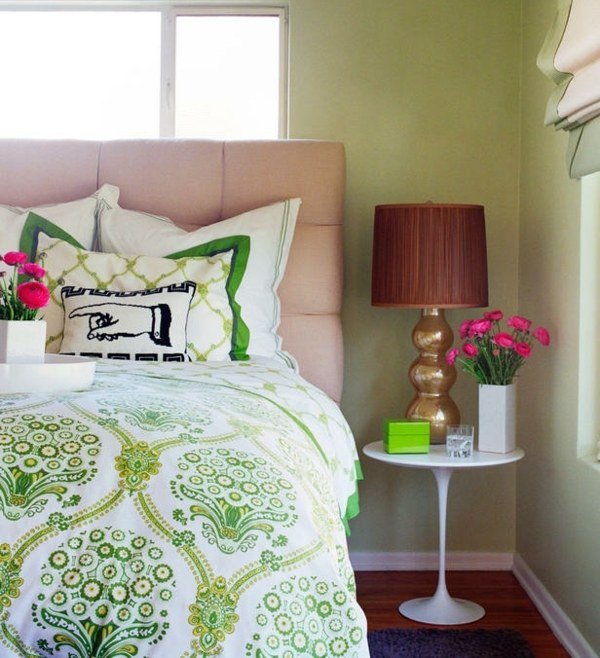 Ställ in sovrum kudde grönt täcke