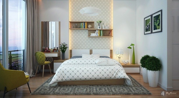 idéer för små sovrum-moderna-indirekt-väggbelysning-trä-vägg-hyllor