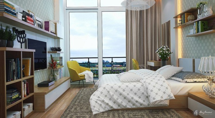 små sovrum-moderna-möbler-trä-vitt-grönt-mönster tapeter