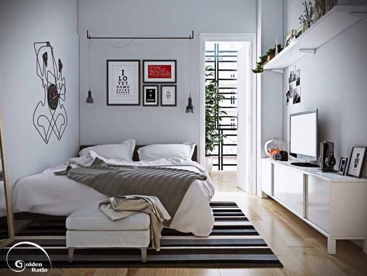 litet sovrum-grå-vägg-färg-vit-möbler-svart-dekoration