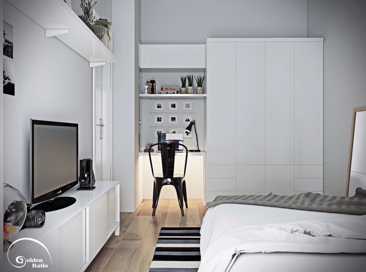 små sovrum-grå-väggar-vita-möbler-arbetsplats