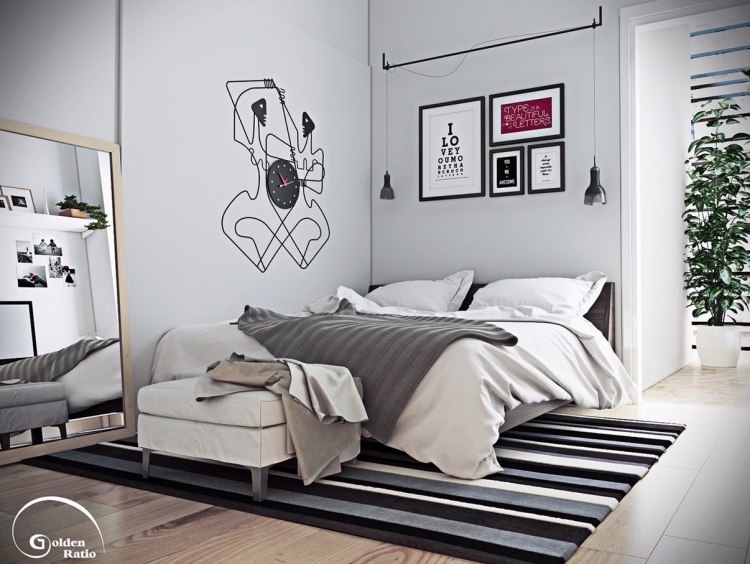 små sovrum-grå-väggar-svart-deco-industriell stil