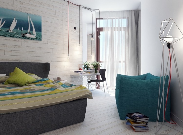 litet sovrum-maritim-stil-trä-vägg-design-ljusare-ton