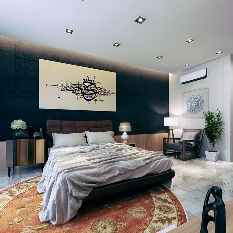 sovrum-idéer-persisk-matta-säng-läder-klädsel-svart-vägg